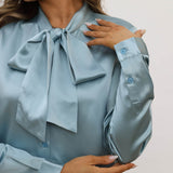 Womens Silk Blouse Long Sleeve Bow - tie Neck Silk Shirts Haze Blue XS