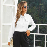 Womens Silk Blouse Long Sleeve Bow - tie Neck Silk Shirts White XS