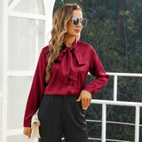Womens Silk Blouse Long Sleeve Bow - tie Neck Silk Shirts Claret XS
