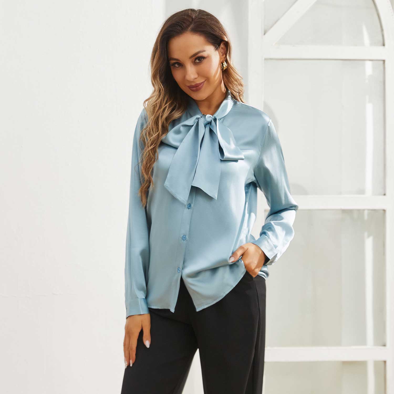 Womens Silk Blouse Long Sleeve Bow - tie Neck Silk Shirts Haze Blue XS