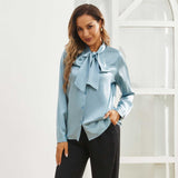 Womens Silk Blouse Long Sleeve Bow - tie Neck Silk Shirts Haze Blue XS