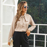 Womens Silk Blouse Long Sleeve Bow - tie Neck Silk Shirts Champagne XS