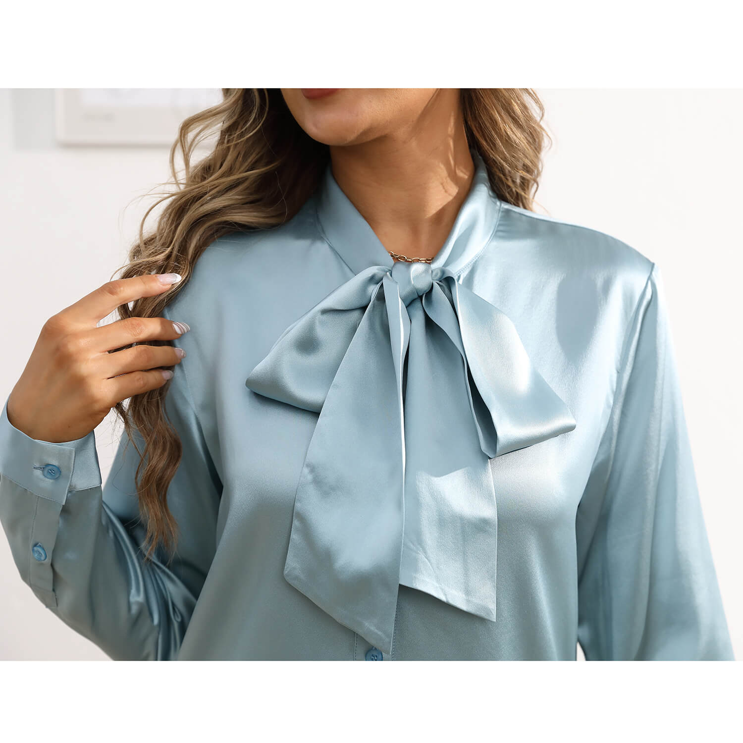 Womens Silk Blouse Long Sleeve Bow - tie Neck Silk Shirts Haze Blue XS
