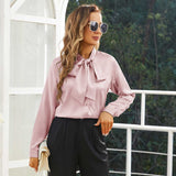 Womens Silk Blouse Long Sleeve Bow - tie Neck Silk Shirts Rosy Pink XS