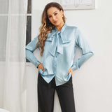Womens Silk Blouse Long Sleeve Bow - tie Neck Silk Shirts Haze Blue XS