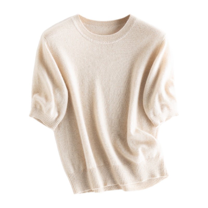 Womens Elbow Sleeve Cashmere Sweater Crew Neck Cashmere Pullover Beige XS
