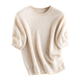 Womens Elbow Sleeve Cashmere Sweater Crew Neck Cashmere Pullover Beige XS