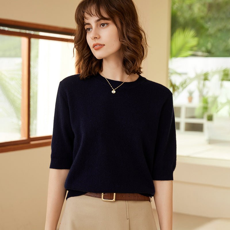 Womens Elbow Sleeve Cashmere Sweater Crew Neck Cashmere Pullover Black XS