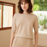 Womens Elbow Sleeve Cashmere Sweater Crew Neck Cashmere Pullover Beige XS