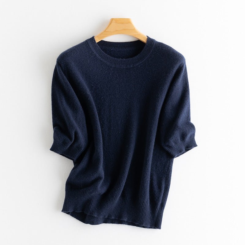 Womens Elbow Sleeve Cashmere Sweater Crew Neck Cashmere Pullover Navy Blue XS