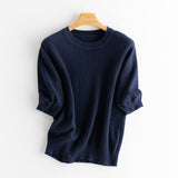 Womens Elbow Sleeve Cashmere Sweater Crew Neck Cashmere Pullover Navy Blue XS