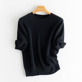 Womens Elbow Sleeve Cashmere Sweater Crew Neck Cashmere Pullover Black XS