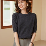 Womens Elbow Sleeve Cashmere Sweater Crew Neck Cashmere Pullover Gray XS