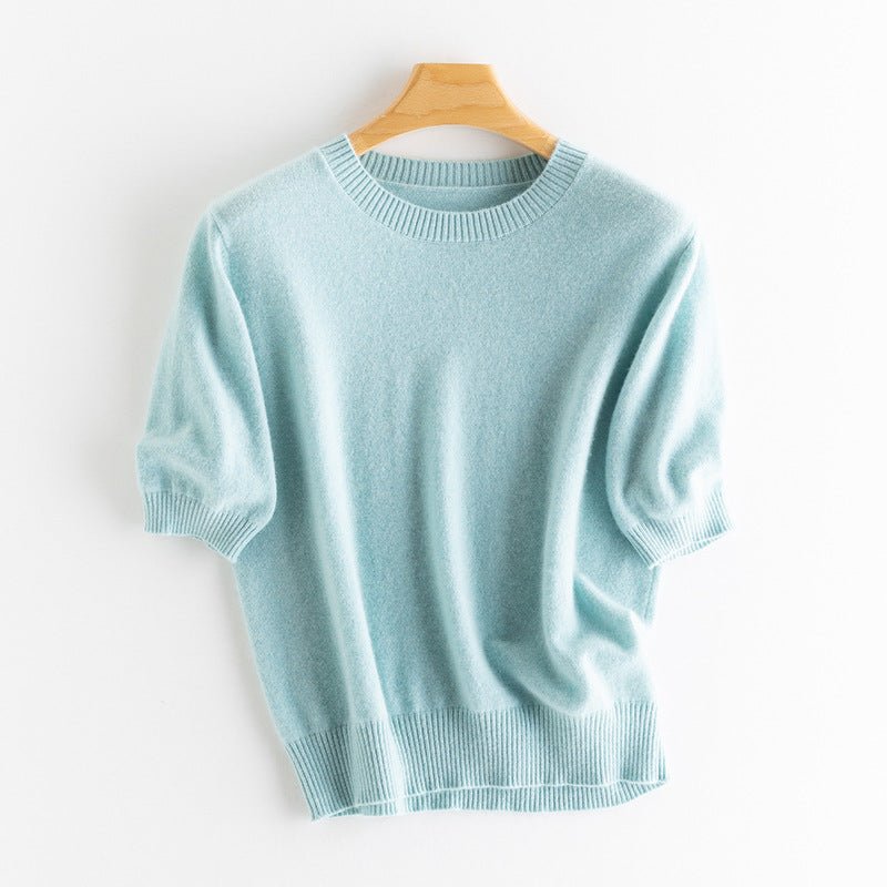 Womens Elbow Sleeve Cashmere Sweater Crew Neck Cashmere Pullover Blue XS
