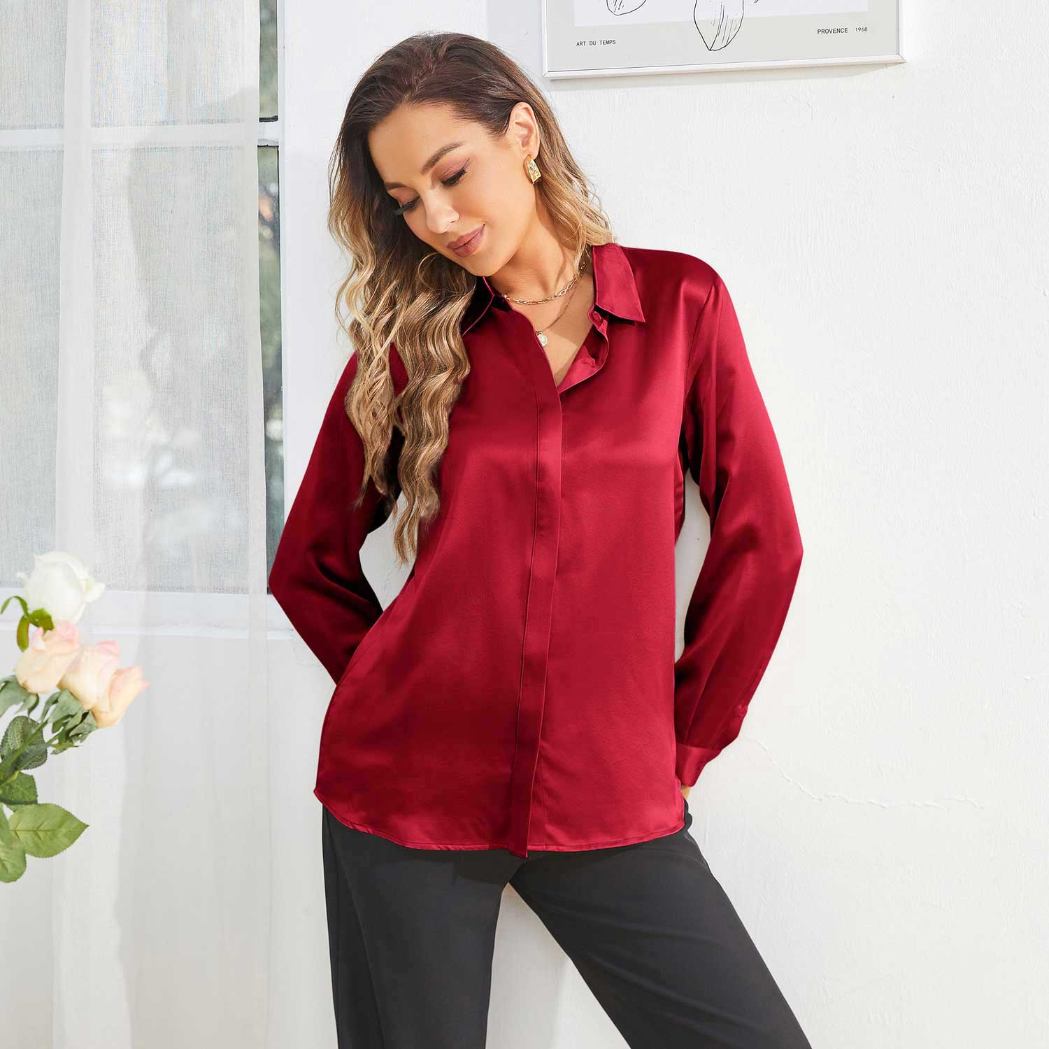Women's Work Silk Shirts Hidden Placket Silk Blouse Claret XS