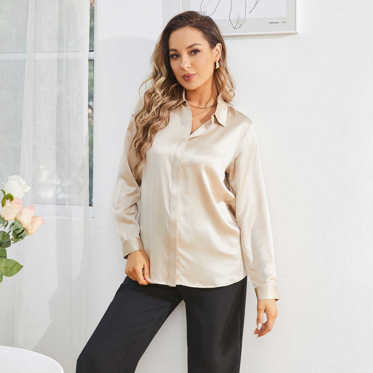 Women's Work Silk Shirts Hidden Placket Silk Blouse Champagne XS