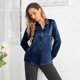 Women's Work Silk Shirts Hidden Placket Silk Blouse Navy Blue XS