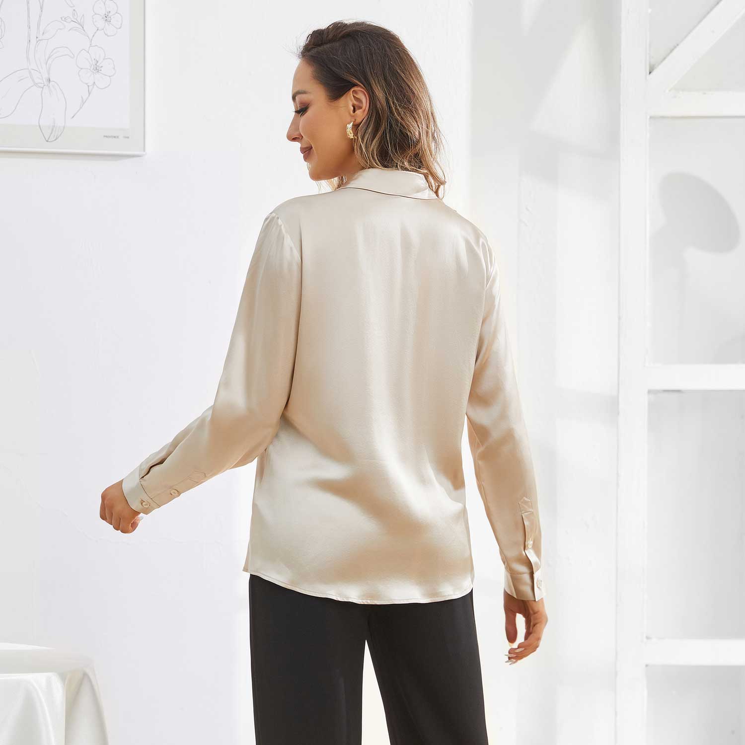 Women's Work Silk Shirts Hidden Placket Silk Blouse Champagne XS