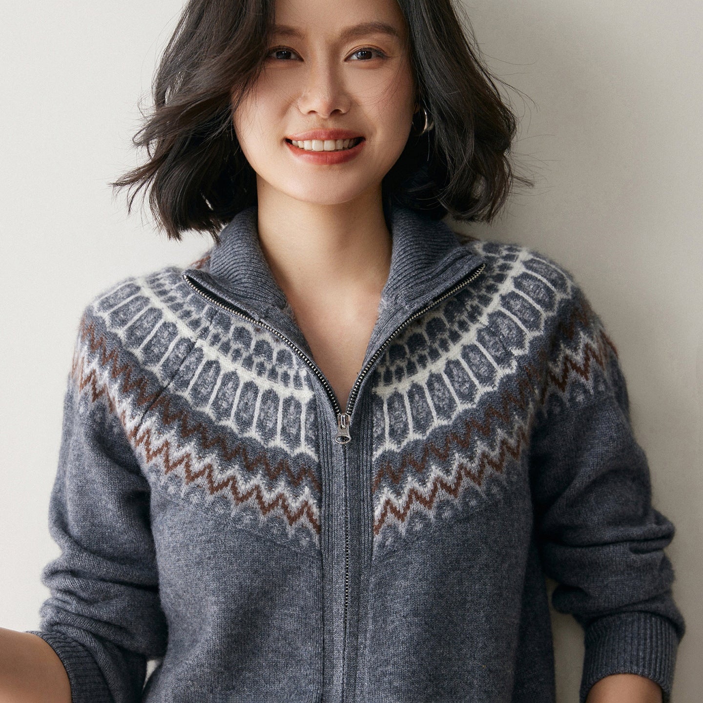 Womens Fair Isle Cashmere Cardigan Full Zip Mock Neck Cashmere Sweater Gray XS