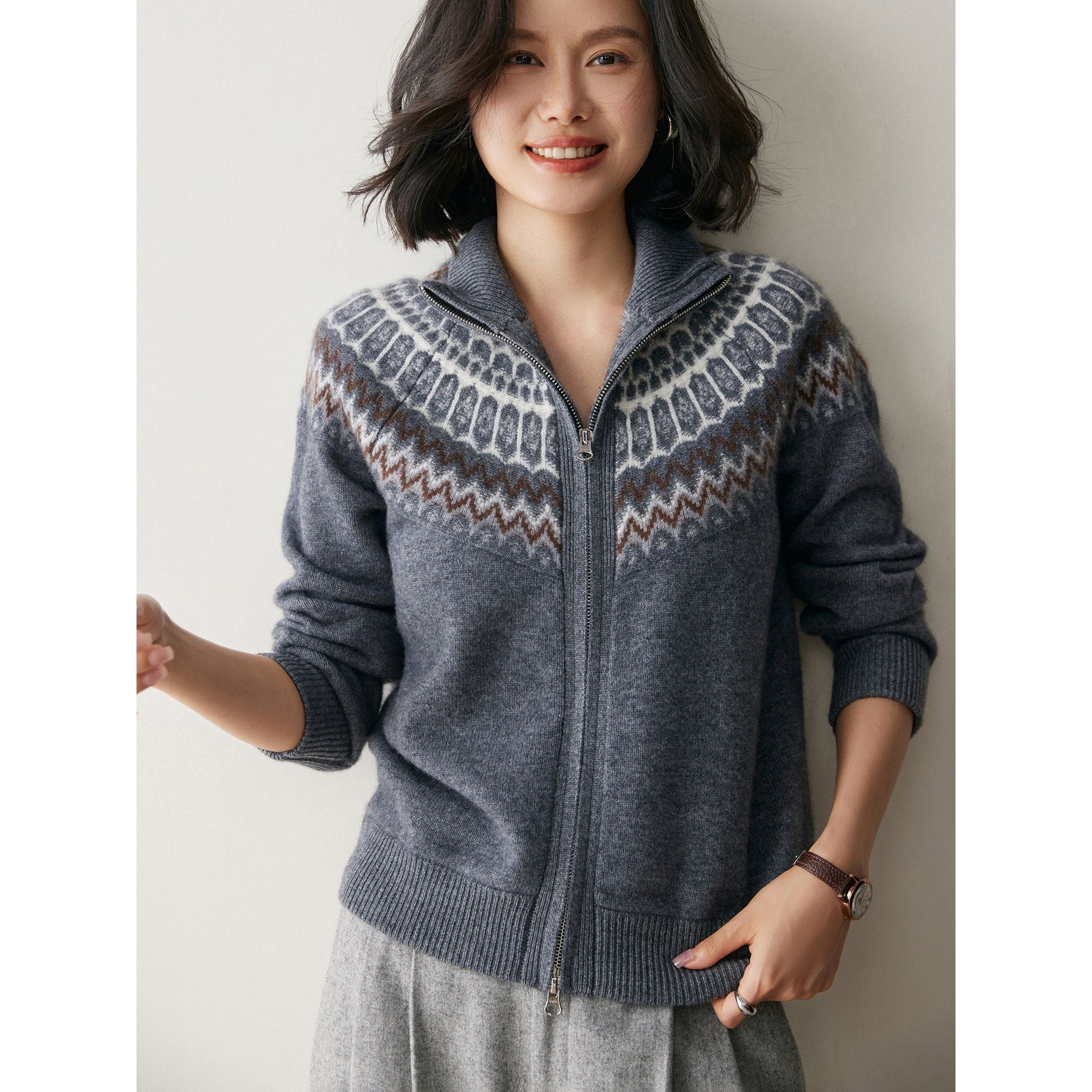 Womens Fair Isle Cashmere Cardigan Full Zip Mock Neck Cashmere Sweater Gray XS