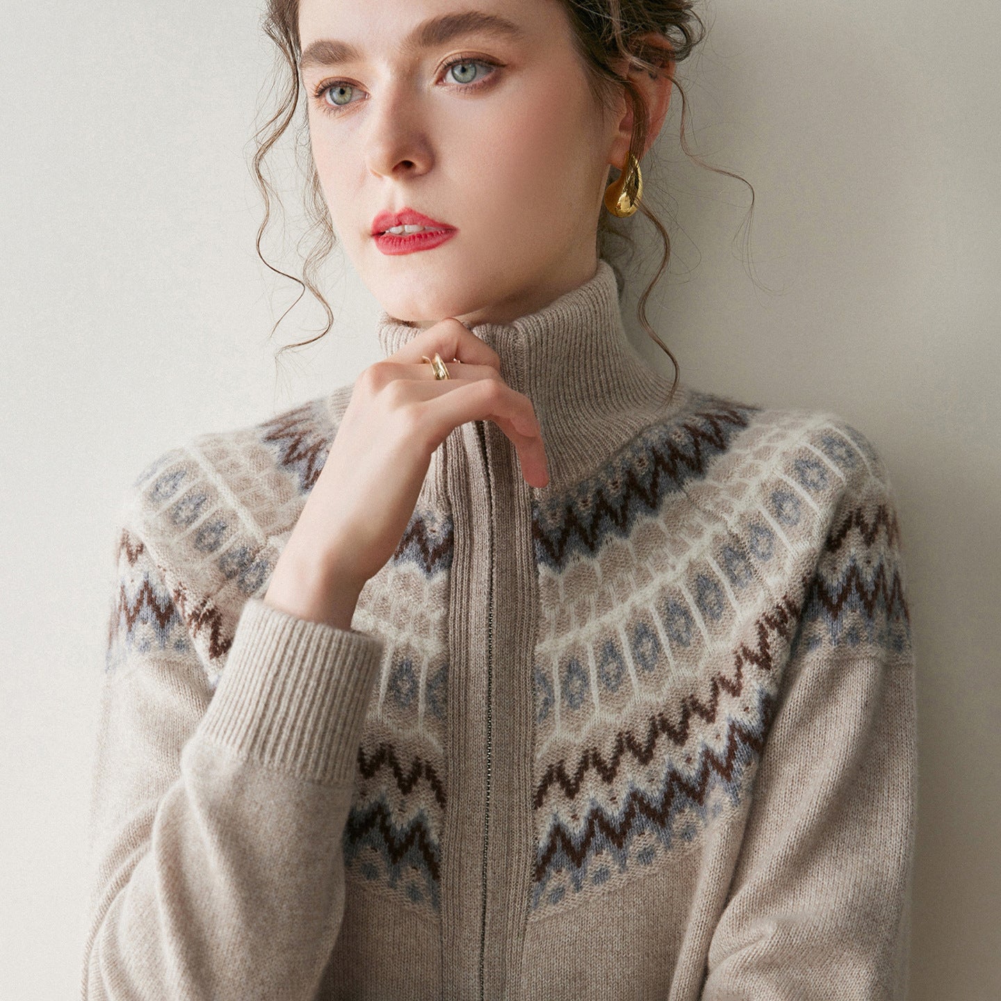 Womens Fair Isle Cashmere Cardigan Full Zip Mock Neck Cashmere Sweater Oatmeal XS