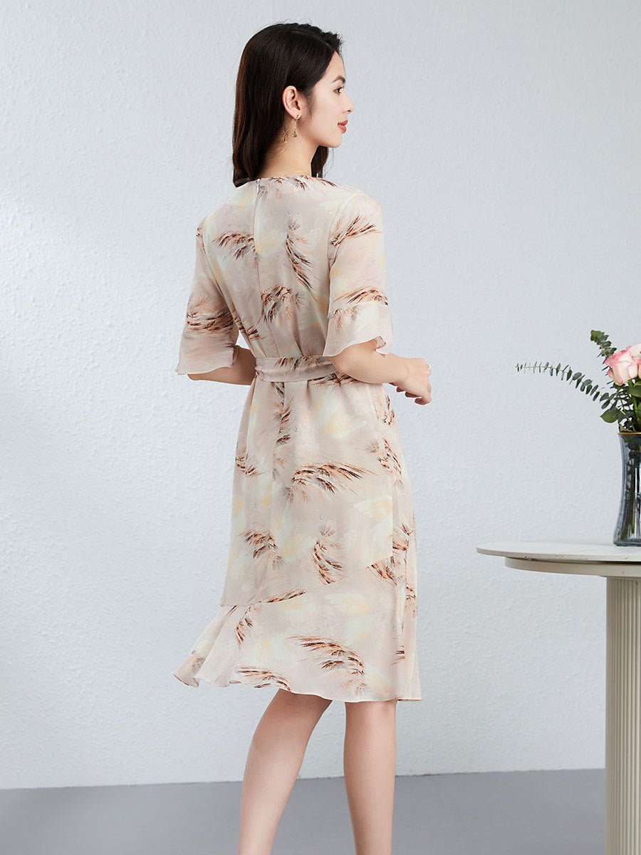 Womens Feather Print Silk Midi Dress with Waist Tie Short Sleeve Silk Floral Dress Pink XS