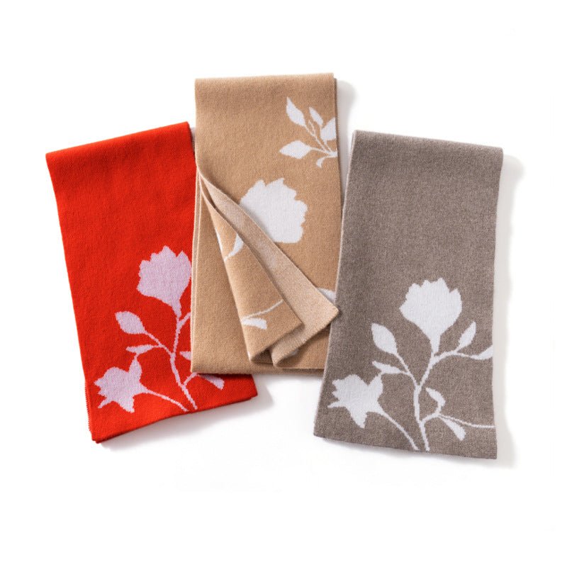 Womens Floral Knitted Cashmere Scarf with Bloom Motif Winter Cashmere Wrap Red Orange M