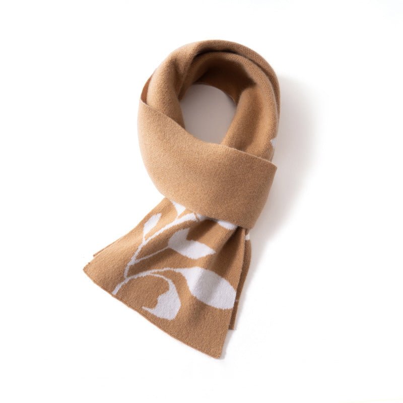 Womens Floral Knitted Cashmere Scarf with Bloom Motif Winter Cashmere Wrap Camel M
