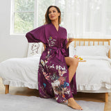 Womens Silk Kimono Floral Print Long Silk Kimono Robe Kimono Silk Deep Purple One size fits most