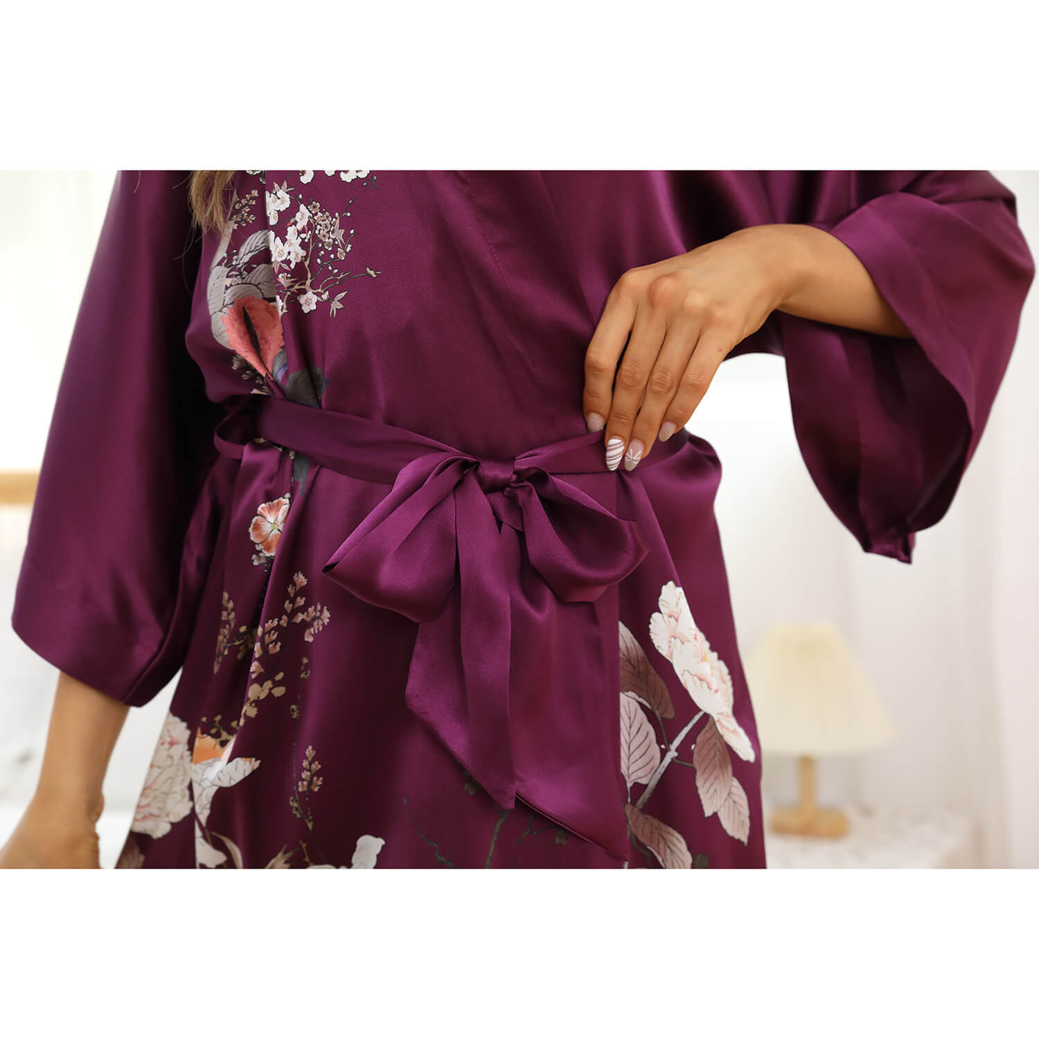 Womens Silk Kimono Floral Print Long Silk Kimono Robe Kimono Silk Deep Purple One size fits most