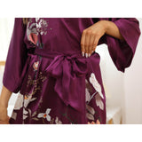 Womens Silk Kimono Floral Print Long Silk Kimono Robe Kimono Silk Deep Purple One size fits most