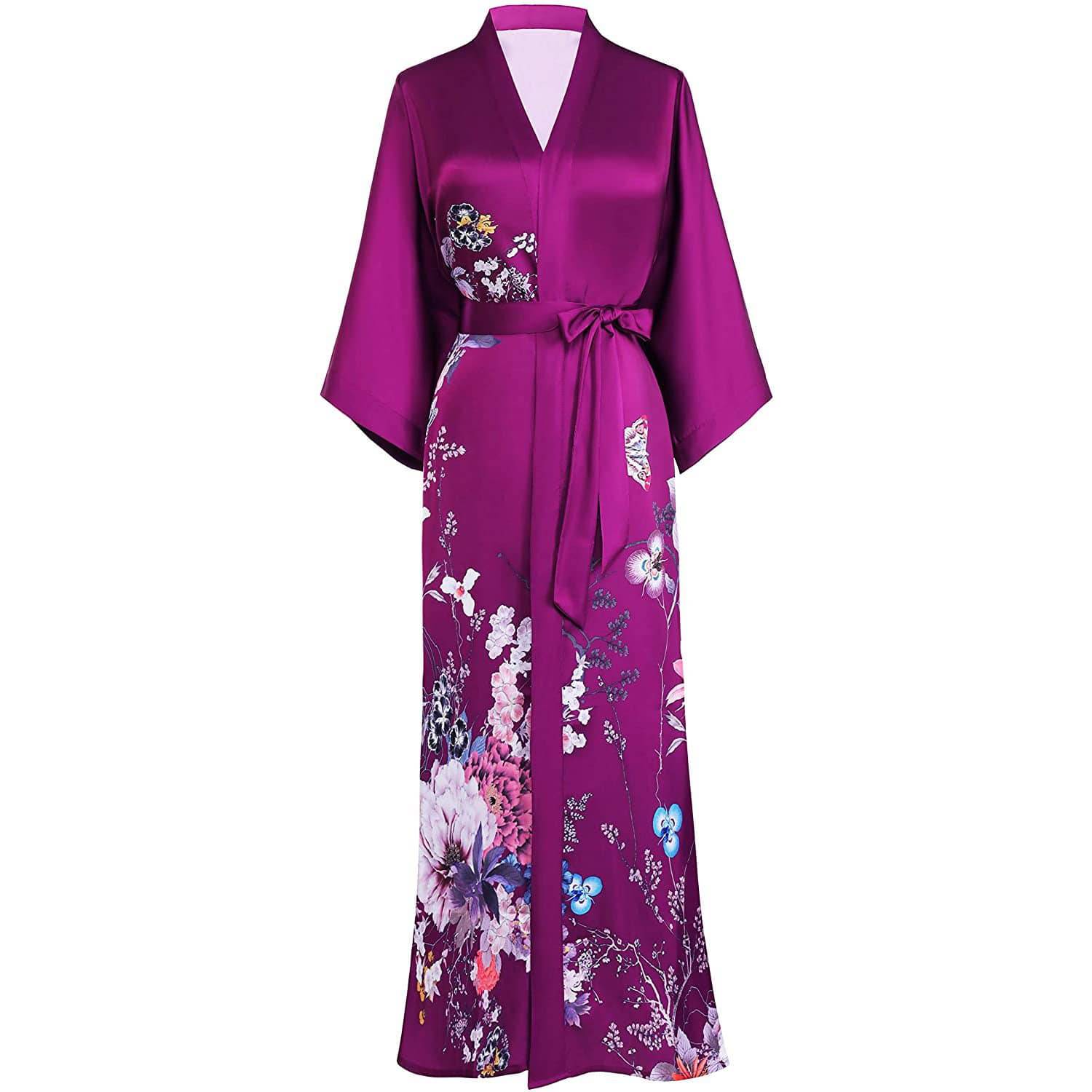 Womens Silk Kimono Floral Print Long Silk Kimono Robe Kimono Silk Deep Purple One size fits most