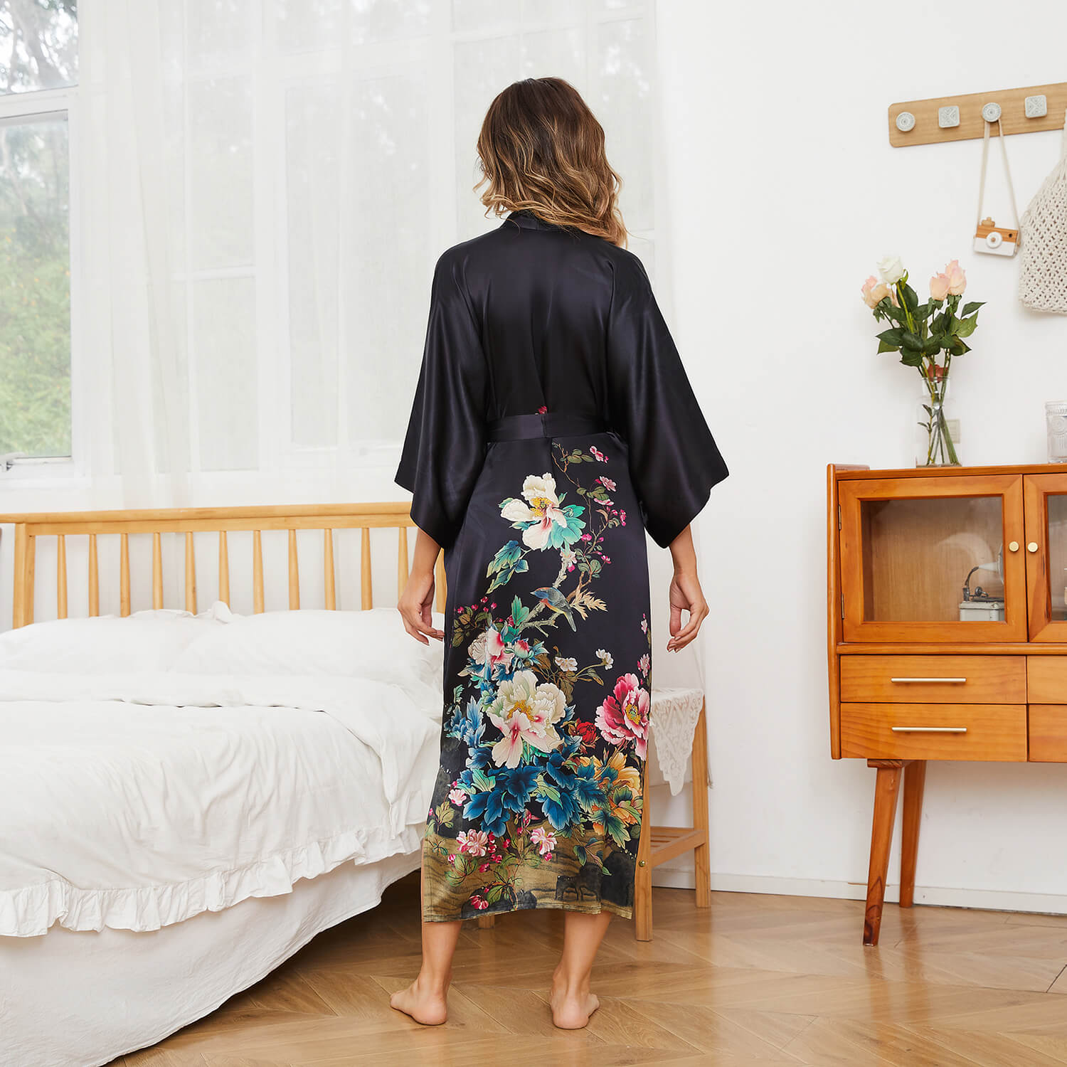 Women's Floral Print Pure Silk Kimono Robes Black One size fits most