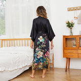 Women's Floral Print Pure Silk Kimono Robes Black One size fits most