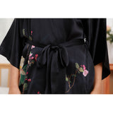 Women's Floral Print Pure Silk Kimono Robes Black One size fits most