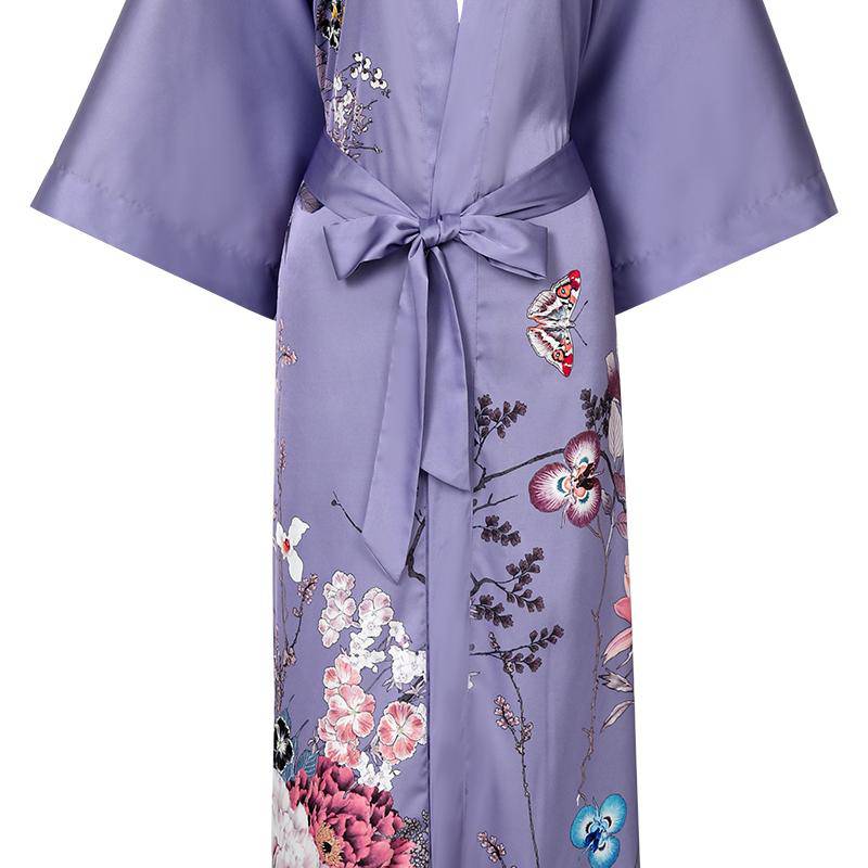 Women's Full Length Floral Print Silk Kimono Robes Lavender One size fits most