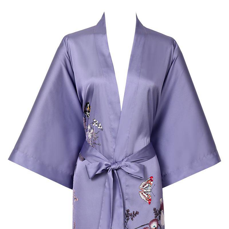 Women's Full Length Floral Print Silk Kimono Robes Lavender One size fits most