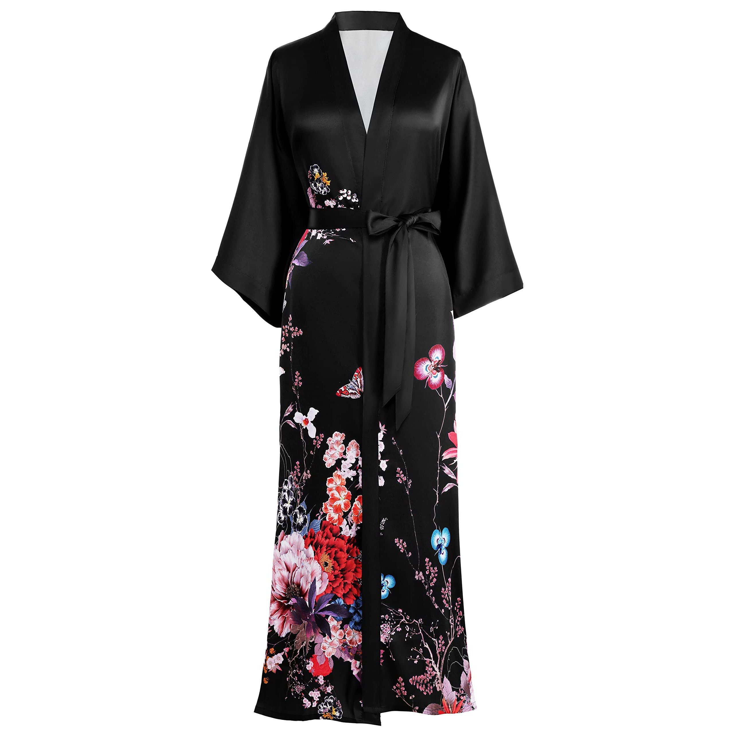 Women's Full Length Floral Print Silk Kimono Robes Black One size fits most
