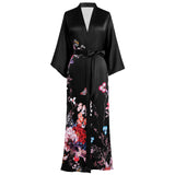 Women's Full Length Floral Print Silk Kimono Robes Black One size fits most