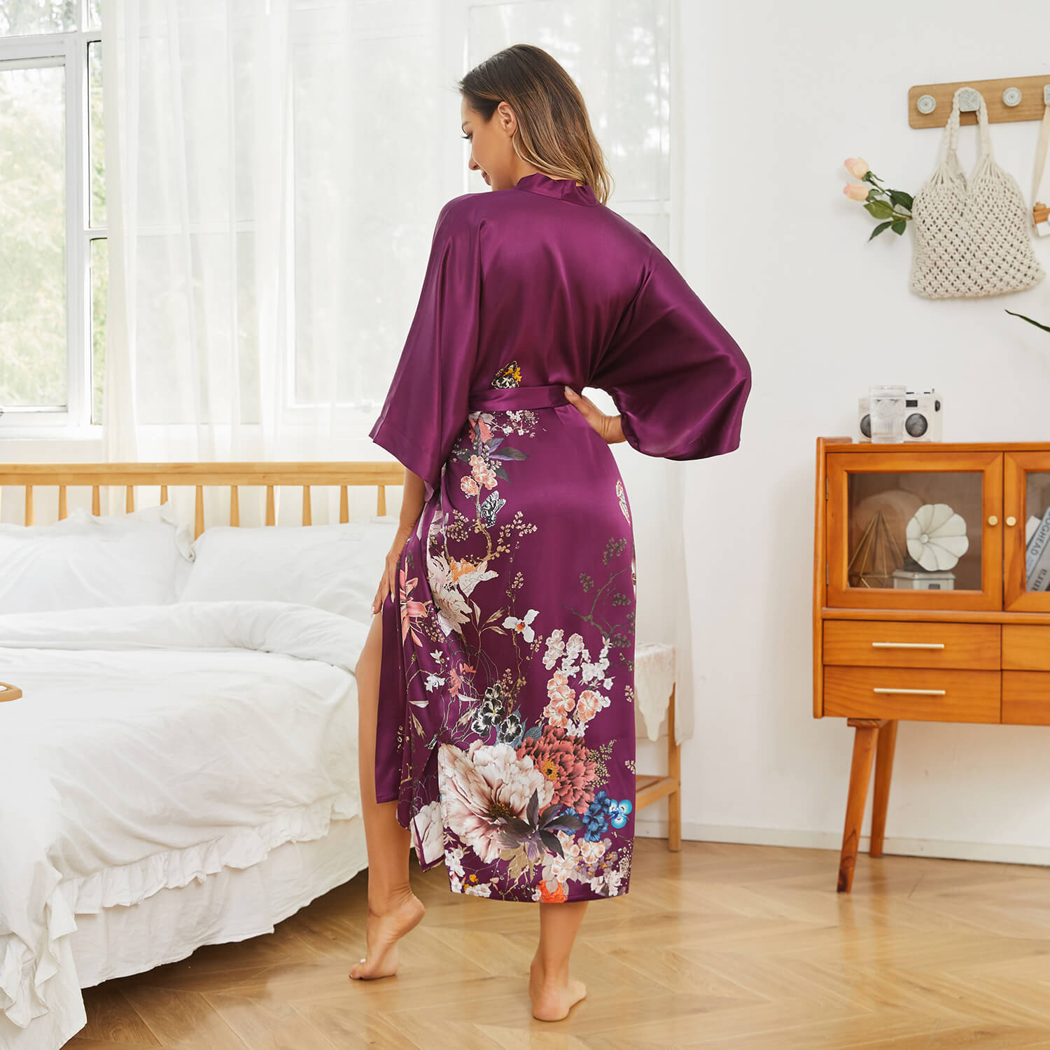 Women's Full Length Floral Print Silk Kimono Robes Deep Purple One size fits most