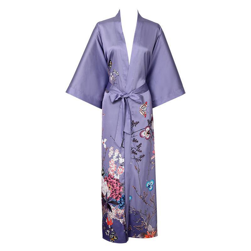 Women's Full Length Floral Print Silk Kimono Robes Lavender One size fits most