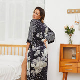 Womens Long Silk Kimono Silk Gown Geometric Floral Print Kimono Silk Black One size fits most