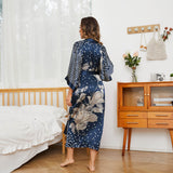 Womens Long Silk Kimono Silk Gown Geometric Floral Print Kimono Silk Black One size fits most
