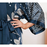 Womens Long Silk Kimono Silk Gown Geometric Floral Print Kimono Silk Black One size fits most