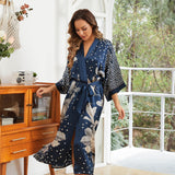 Womens Long Silk Kimono Silk Gown Geometric Floral Print Kimono Silk Black One size fits most