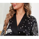 Womens Long Silk Kimono Silk Gown Geometric Floral Print Kimono Silk Black One size fits most