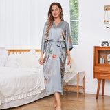 Women's Flower Silk Kimono Robes Floral Bird Print 100% Silk Kimono