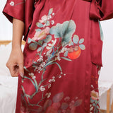Women's Flower Silk Kimono Robes Floral Bird Print 100% Silk Kimono