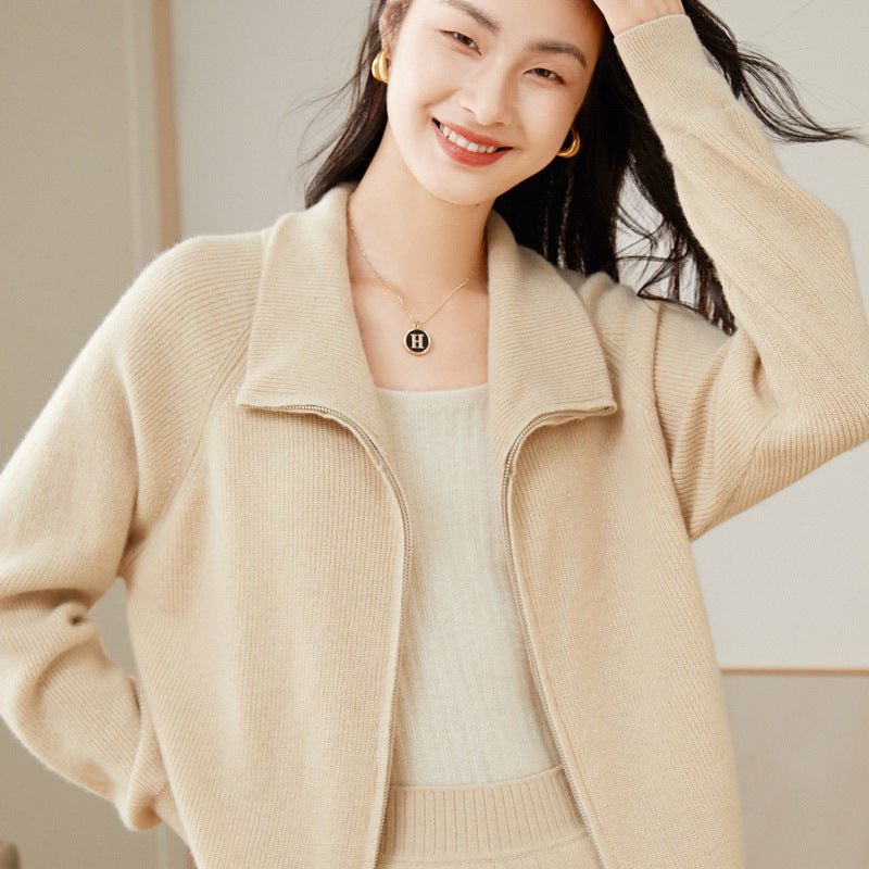 Womens Cashmere Zip - Up Cardigan Stand Collar Jacket Cashmere Coat Beige XS