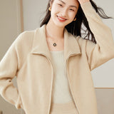 Womens Cashmere Zip - Up Cardigan Stand Collar Jacket Cashmere Coat Beige XS